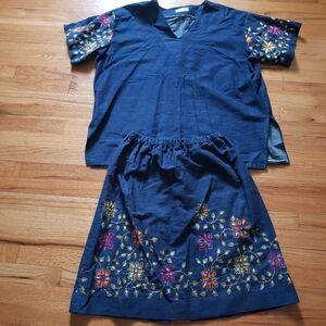 Dark Denim 2 piece handmade skirt outfit w/ colorful floral  Embroidered XL/ 2XL